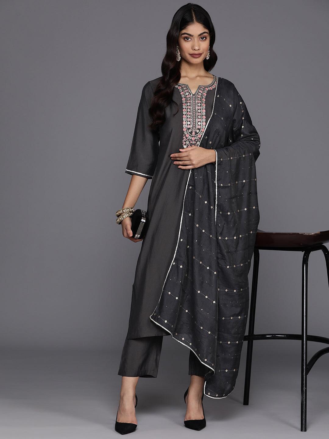 Grey Yoke Design Silk Blend Straight Kurta With Trousers & Dupatta - Libas 