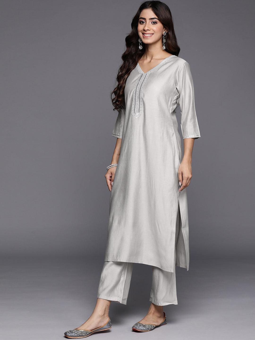 Grey Yoke Design Silk Blend Straight Kurta With Trousers & Dupatta - Libas 