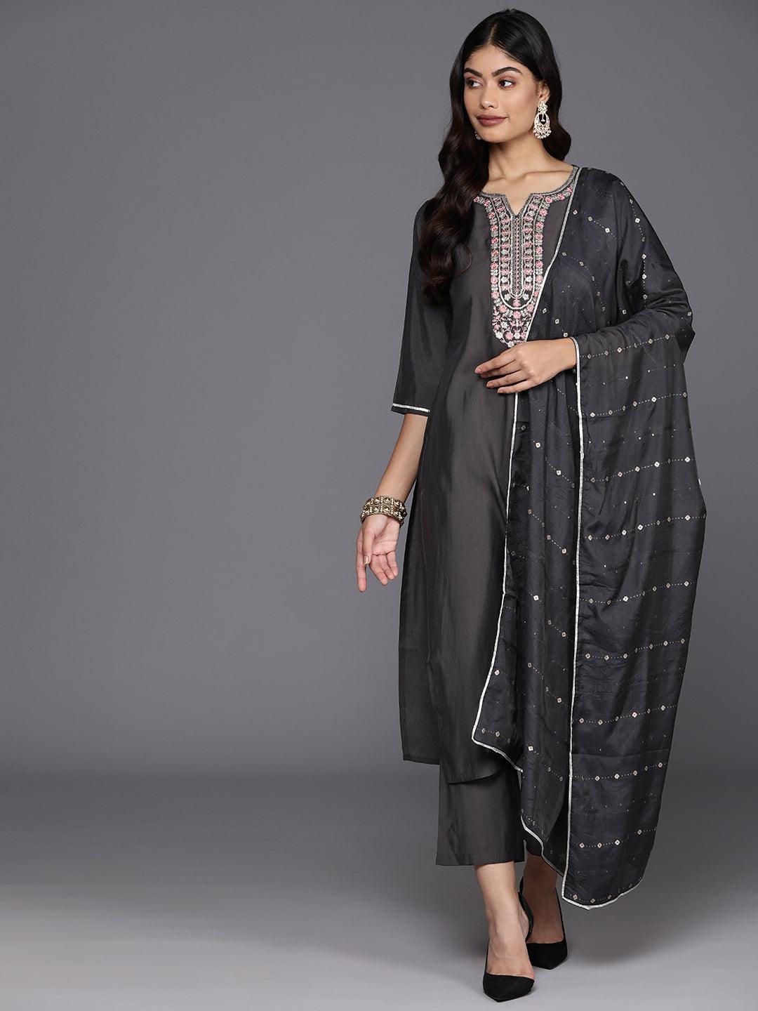 Grey Yoke Design Silk Blend Straight Kurta With Trousers & Dupatta - Libas 