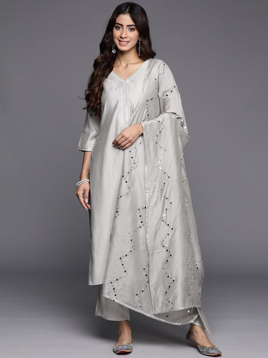 Grey Yoke Design Silk Blend Straight Kurta With Trousers & Dupatta - Libas 