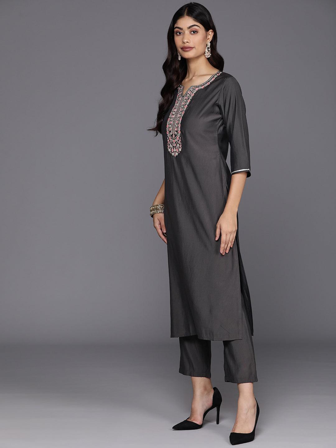 Grey Yoke Design Silk Blend Straight Kurta With Trousers & Dupatta - Libas 