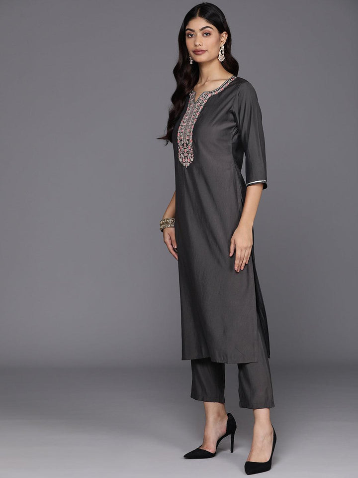 Grey Yoke Design Silk Blend Straight Suit With Dupatta