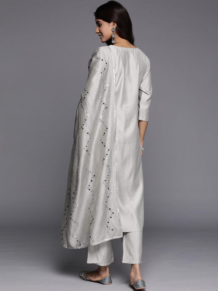 Grey Yoke Design Silk Blend Straight Suit With Dupatta