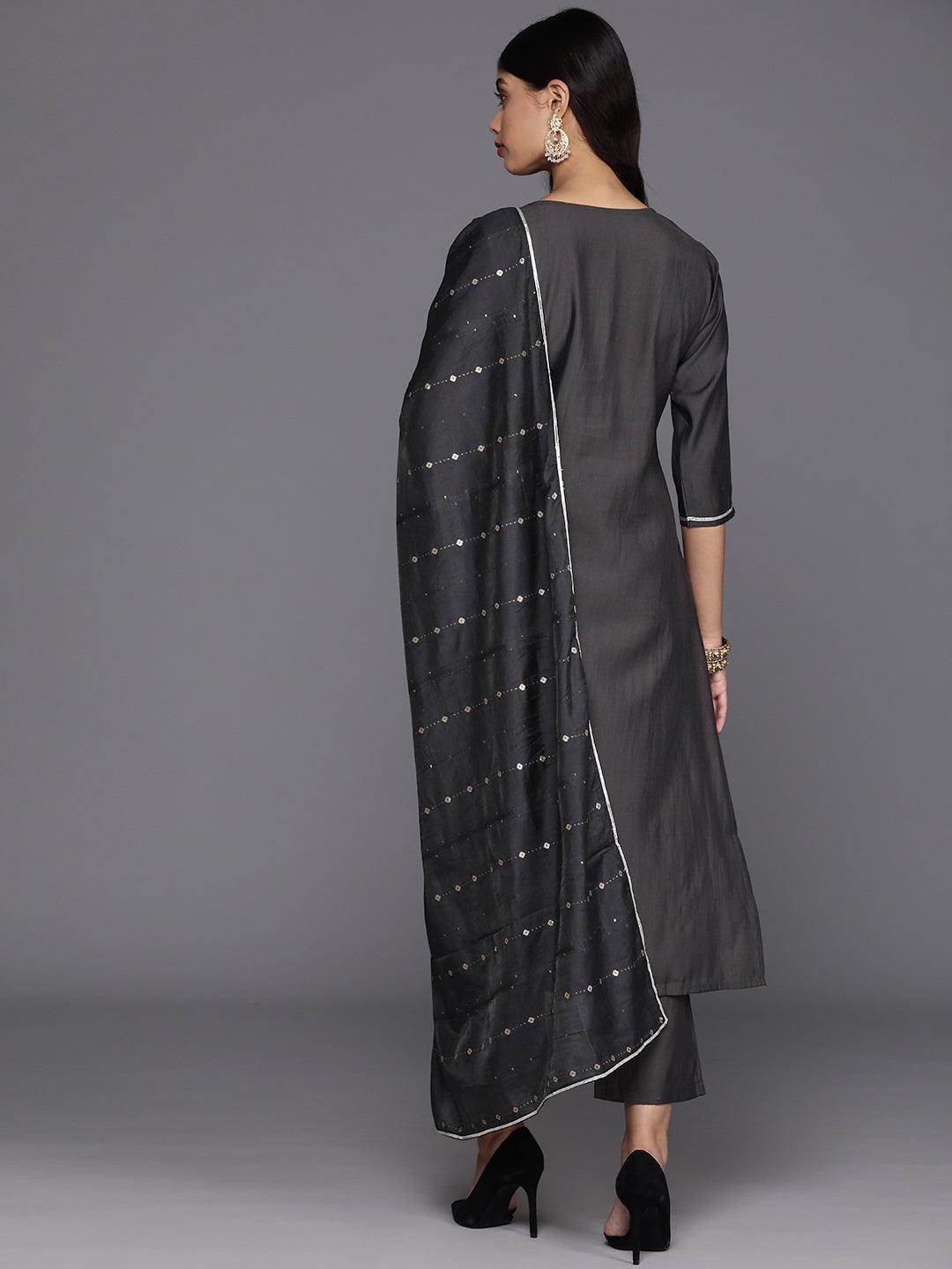 Grey Yoke Design Silk Blend Straight Kurta With Trousers & Dupatta - Libas 