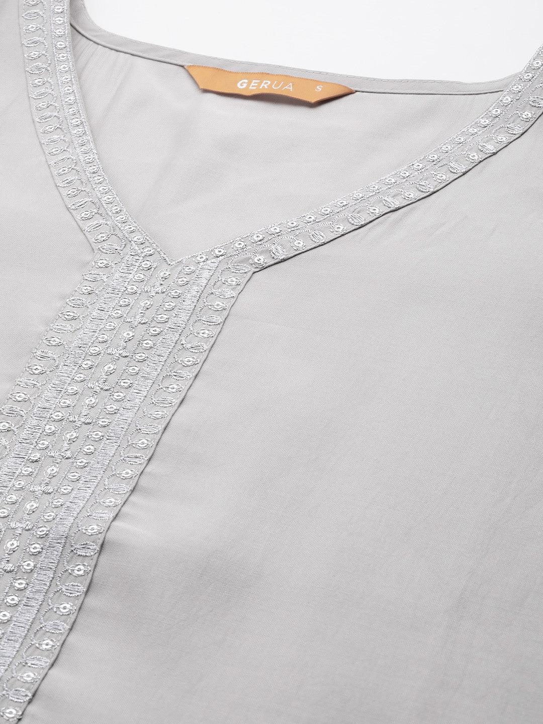 Grey Yoke Design Silk Blend Straight Kurta With Trousers & Dupatta - Libas 