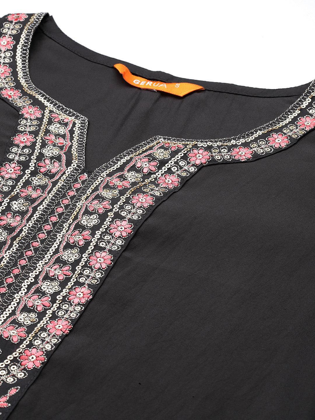 Grey Yoke Design Silk Blend Straight Kurta With Trousers & Dupatta - Libas 