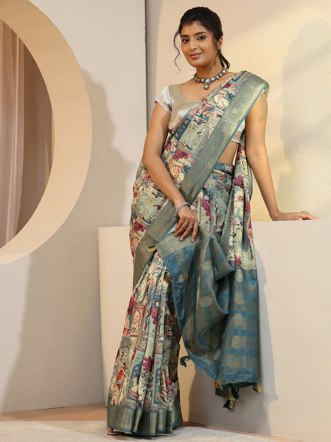 Henna Green Maharaja Print Silk Blend Saree