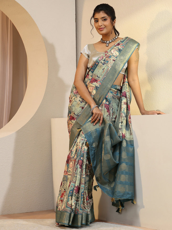 Henna Green Maharaja Print Silk Blend Saree