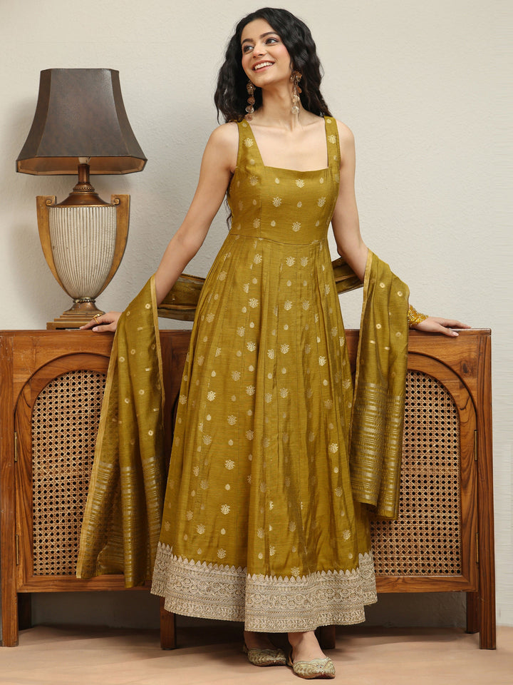 Henna Green Woven Design Chanderi Silk Anarkali Suit Set