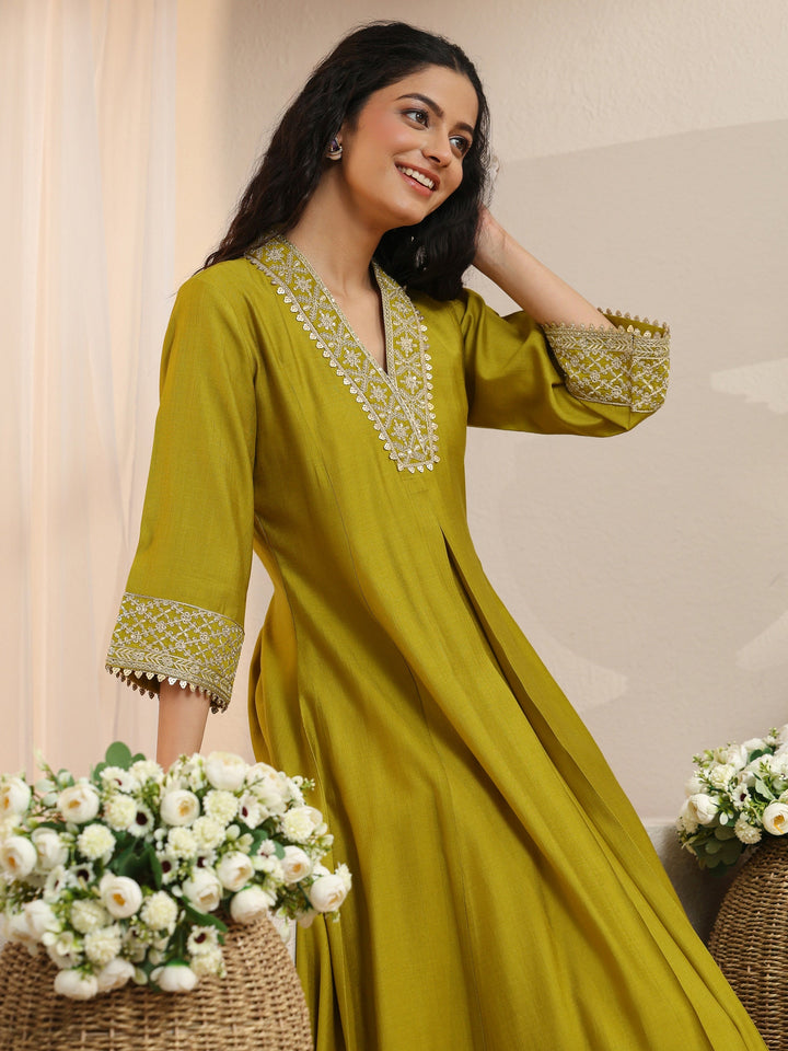 Henna Green Yoke Design Silk Blend A-Line Kurta Set