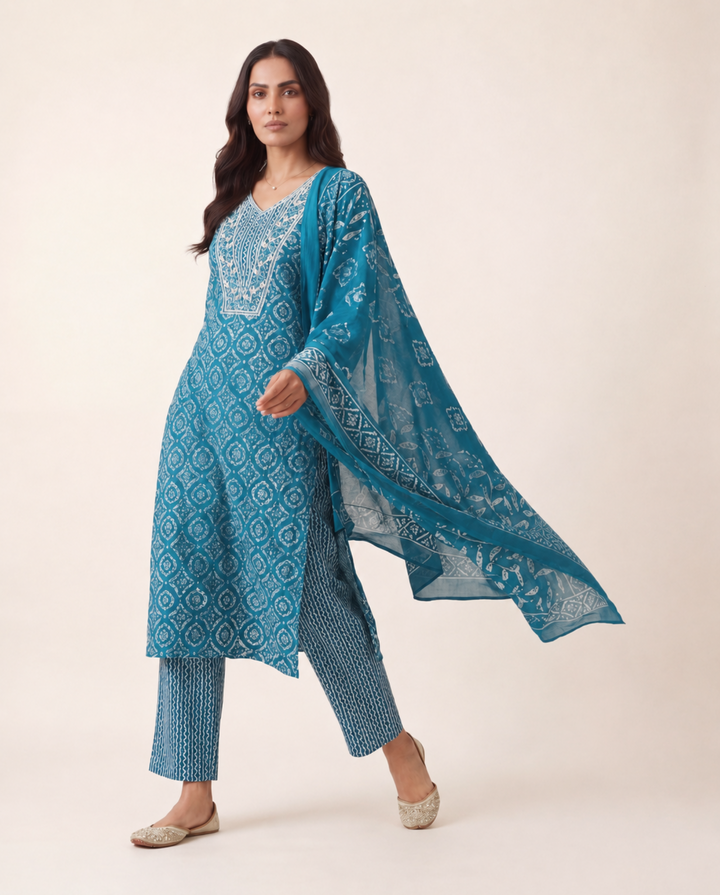 Blue Ethnic Printed Cotton Blend Straight Suit Set With Dupatta
