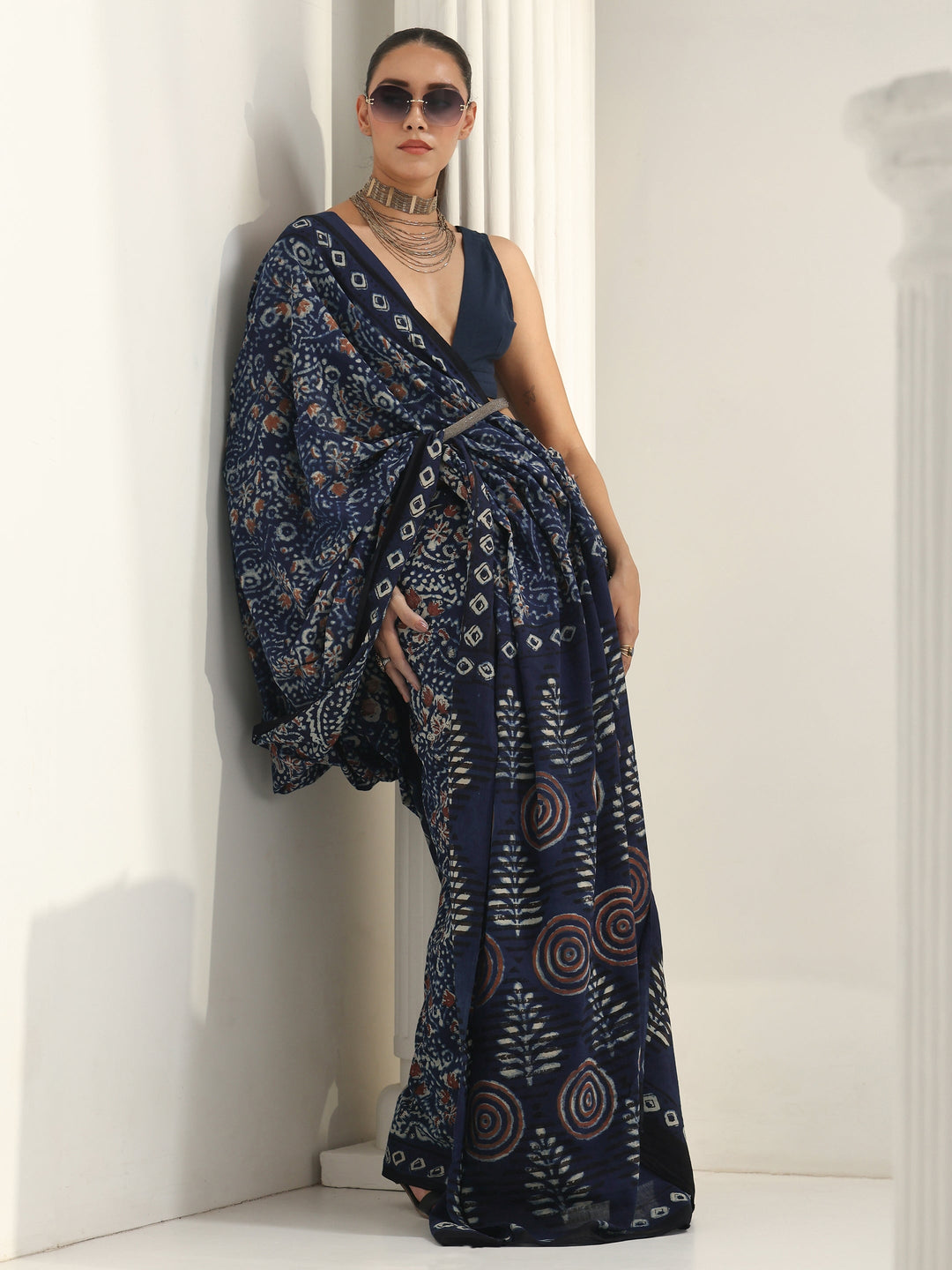 Indigo Bagru Print Cotton Saree