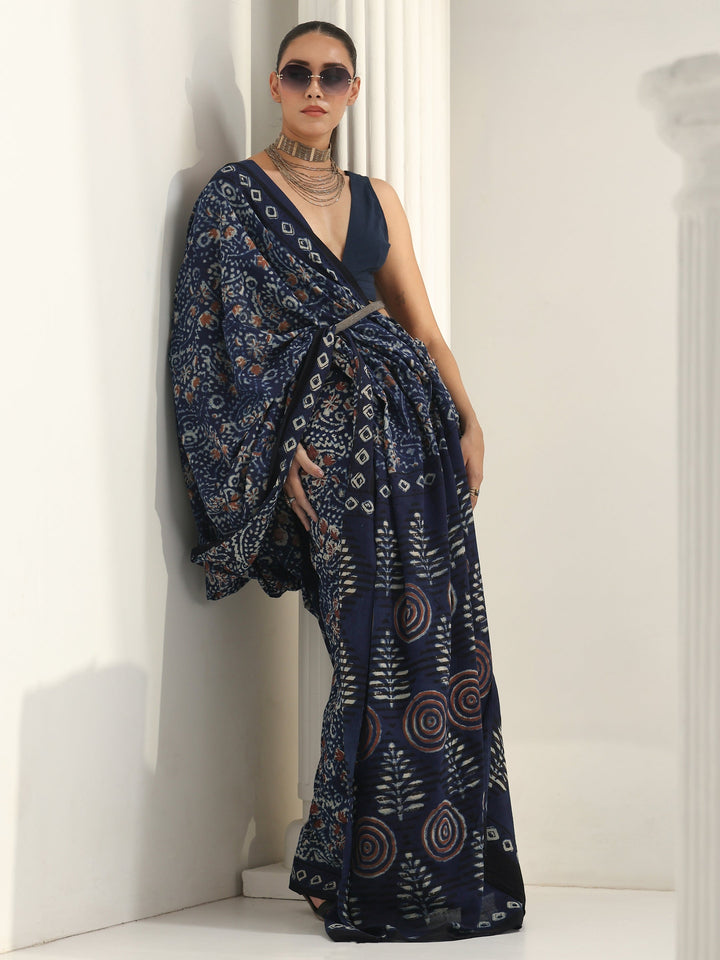 Indigo Bagru Print Cotton Saree