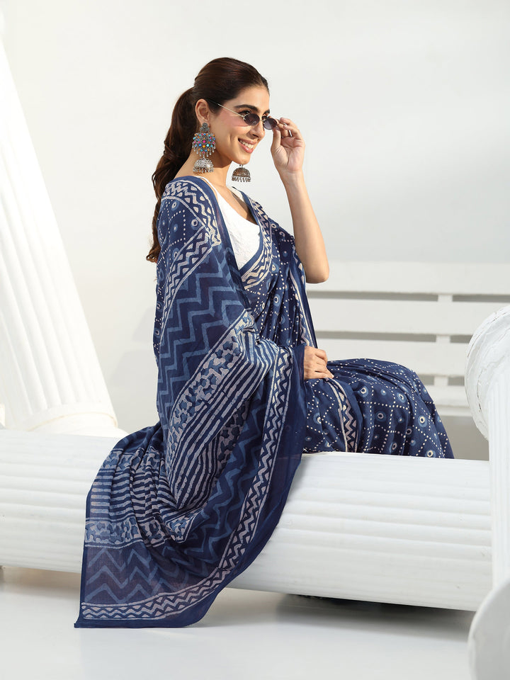 Indigo Bandhani Printed Cotton Saree