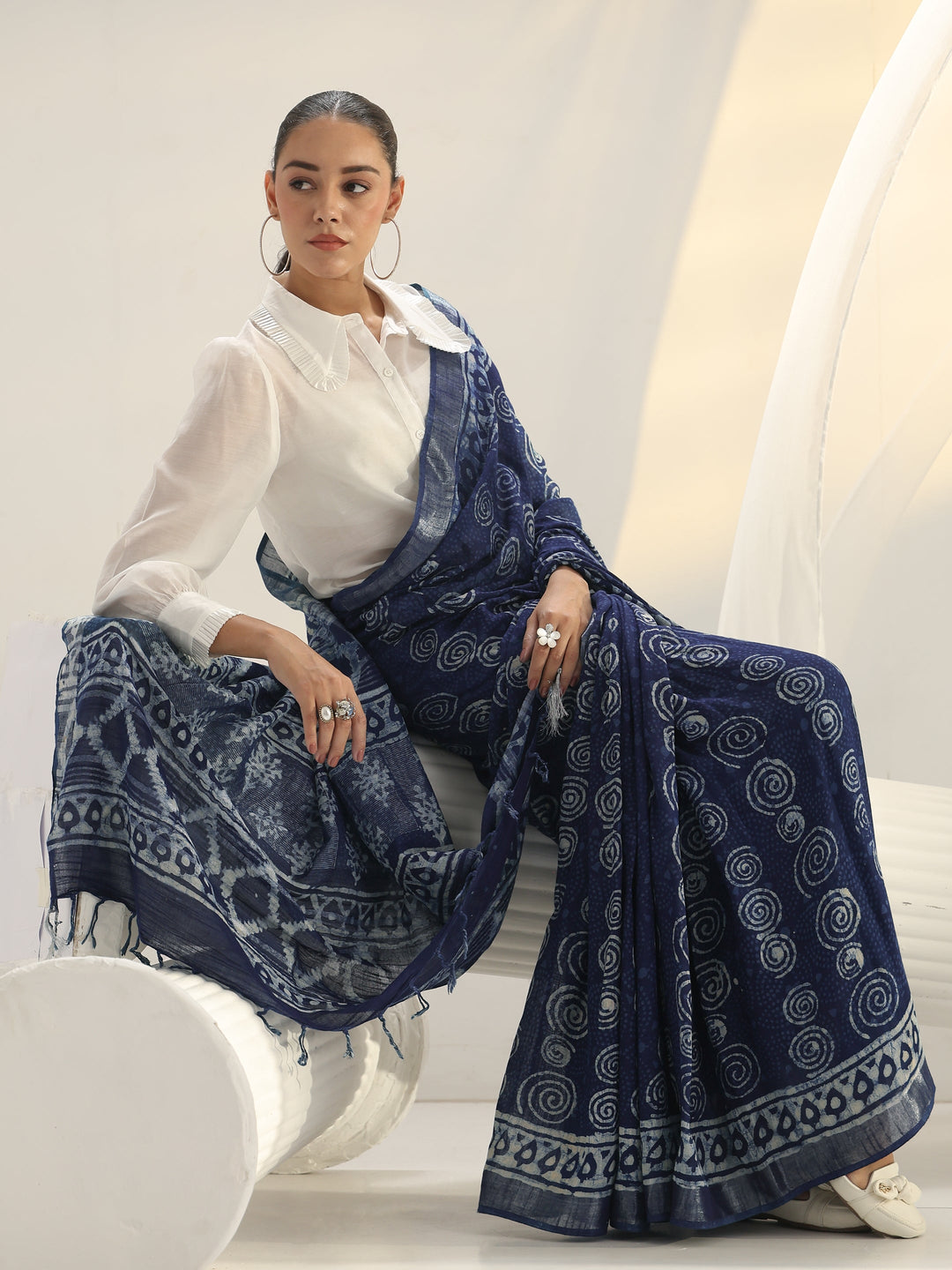 Indigo Dabu Print Cotton Saree