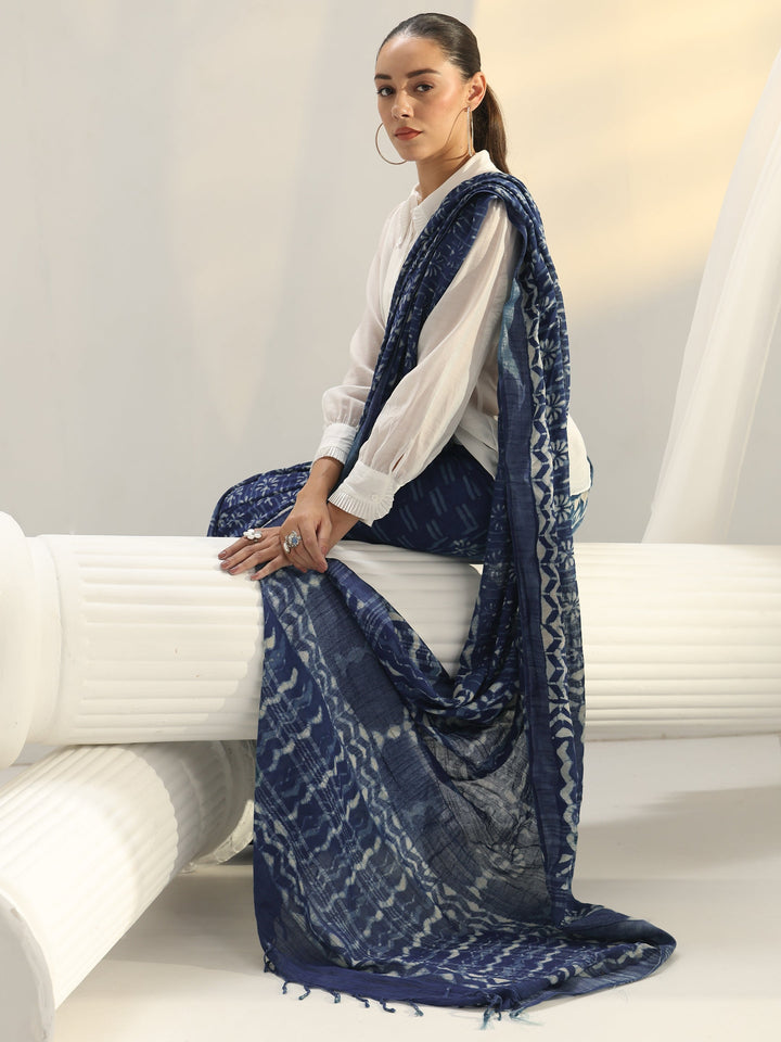 Indigo Dabu Print Cotton Saree