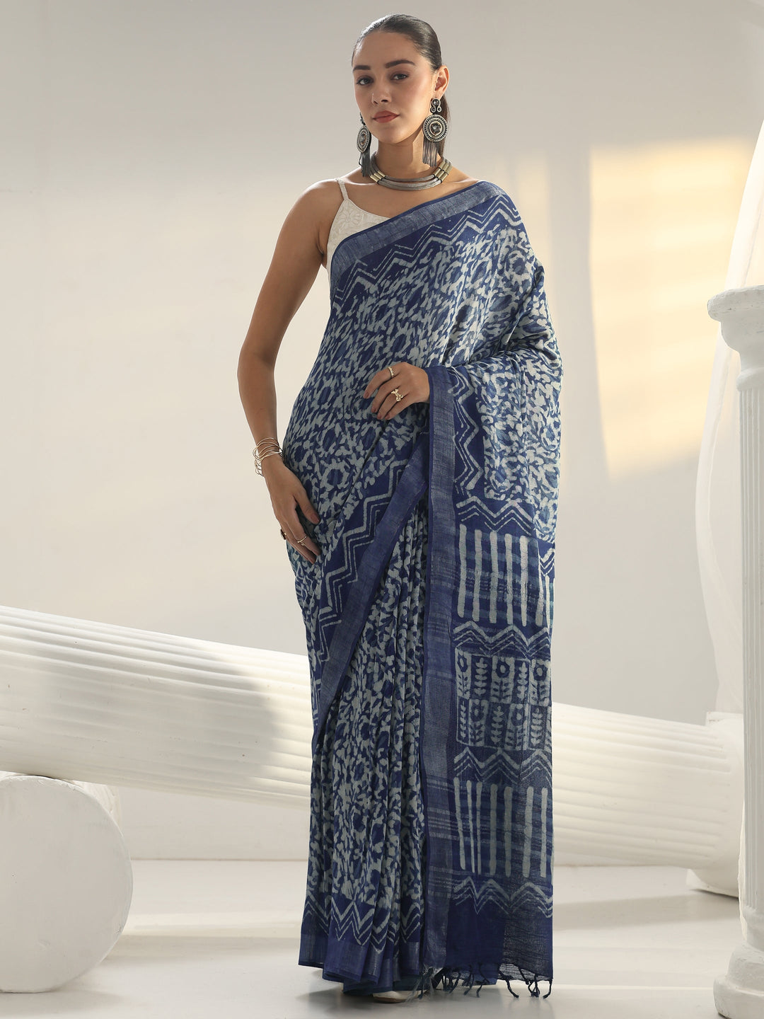 Indigo Dabu Print Cotton Saree