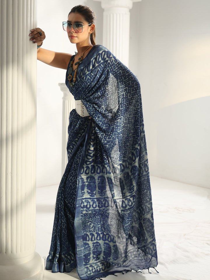 Indigo Dabu Print Cotton Saree