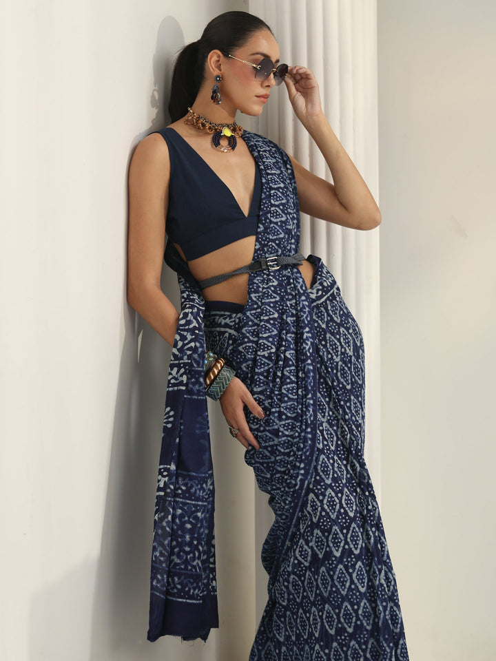 Indigo Dabu Print Cotton Saree