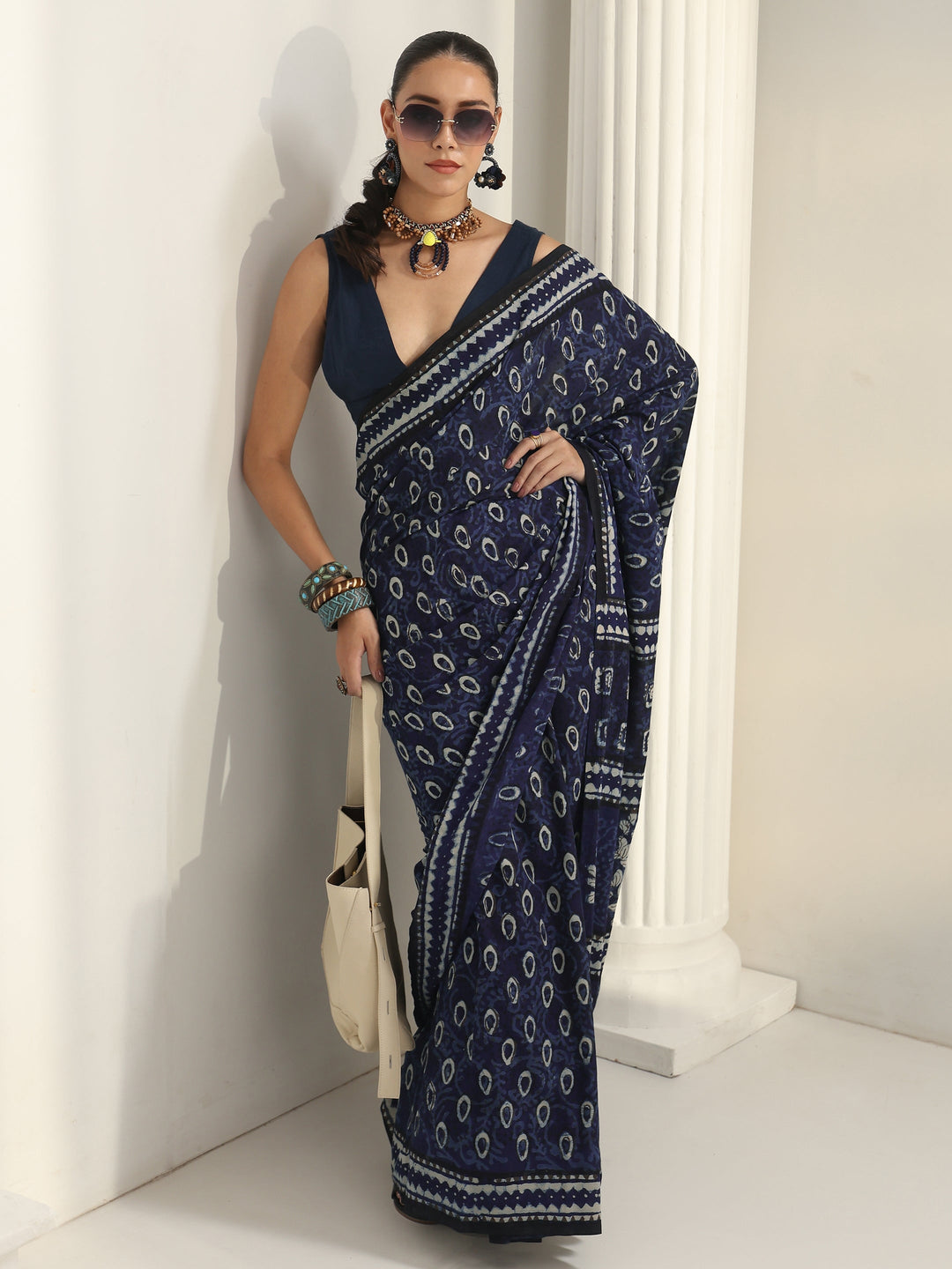 Indigo Dabu Print Cotton Saree