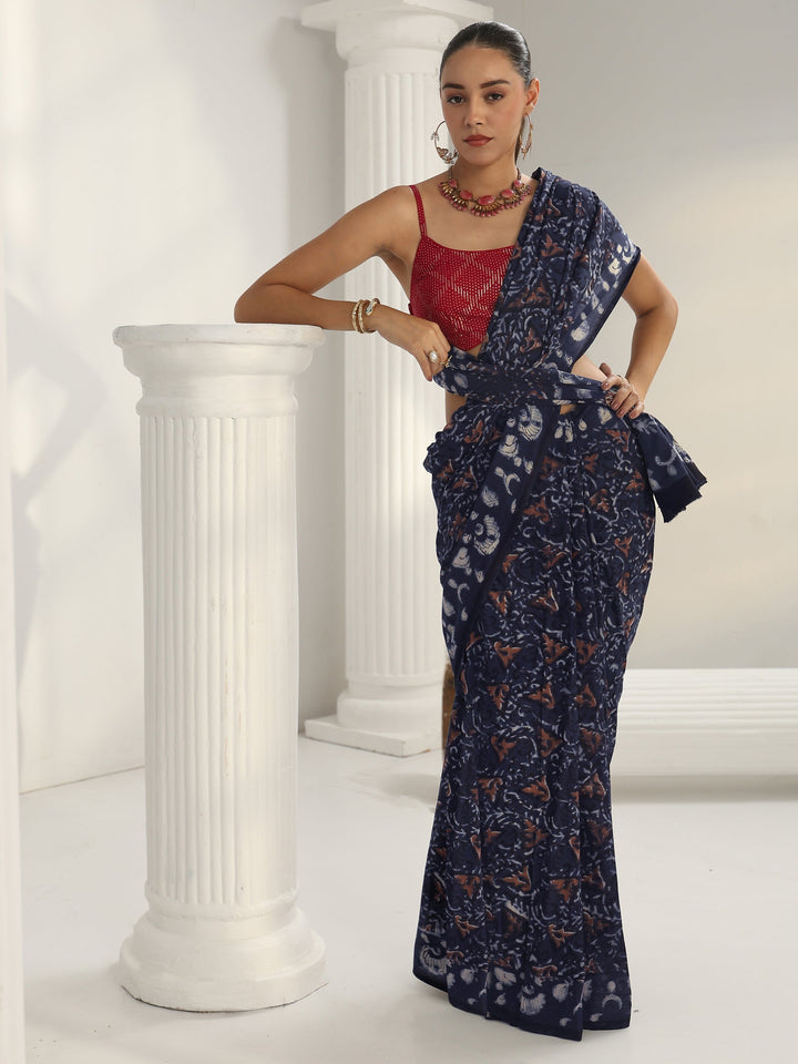 Indigo Dabu Print Cotton Saree