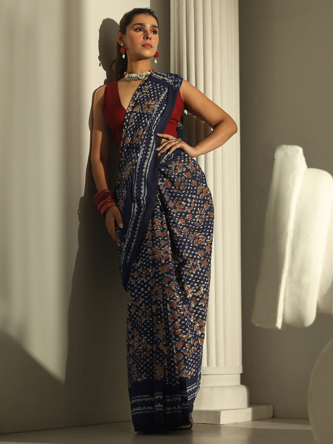 Indigo Dabu Print Cotton Saree
