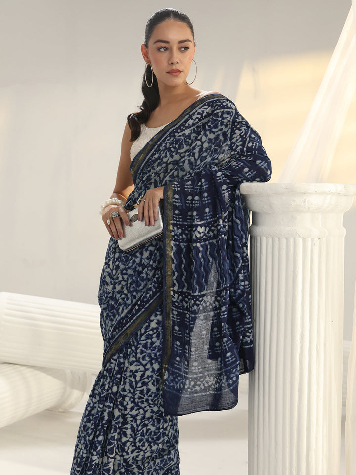 Indigo Dabu Print Cotton Saree