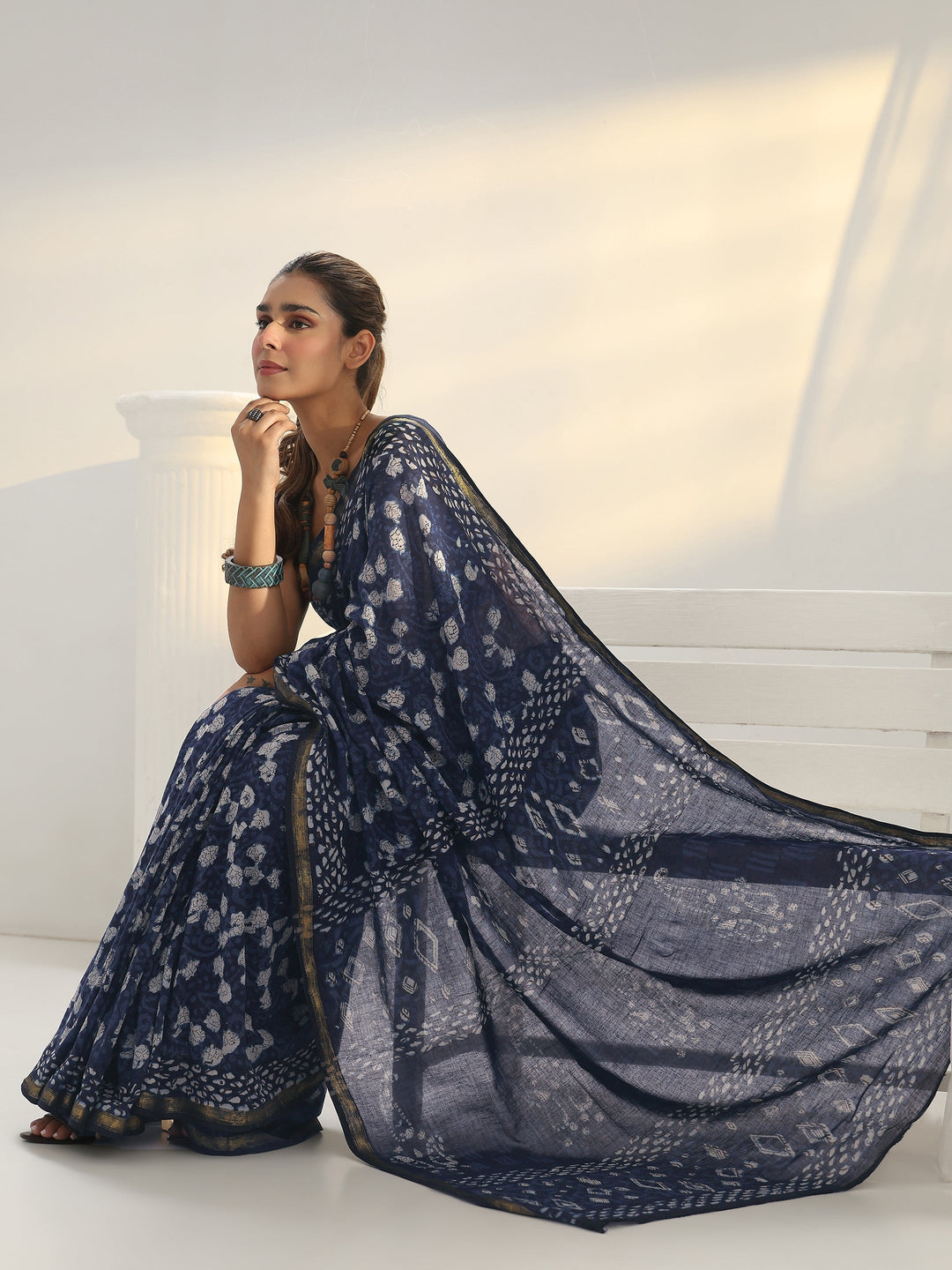 Indigo Dabu Print Cotton Saree
