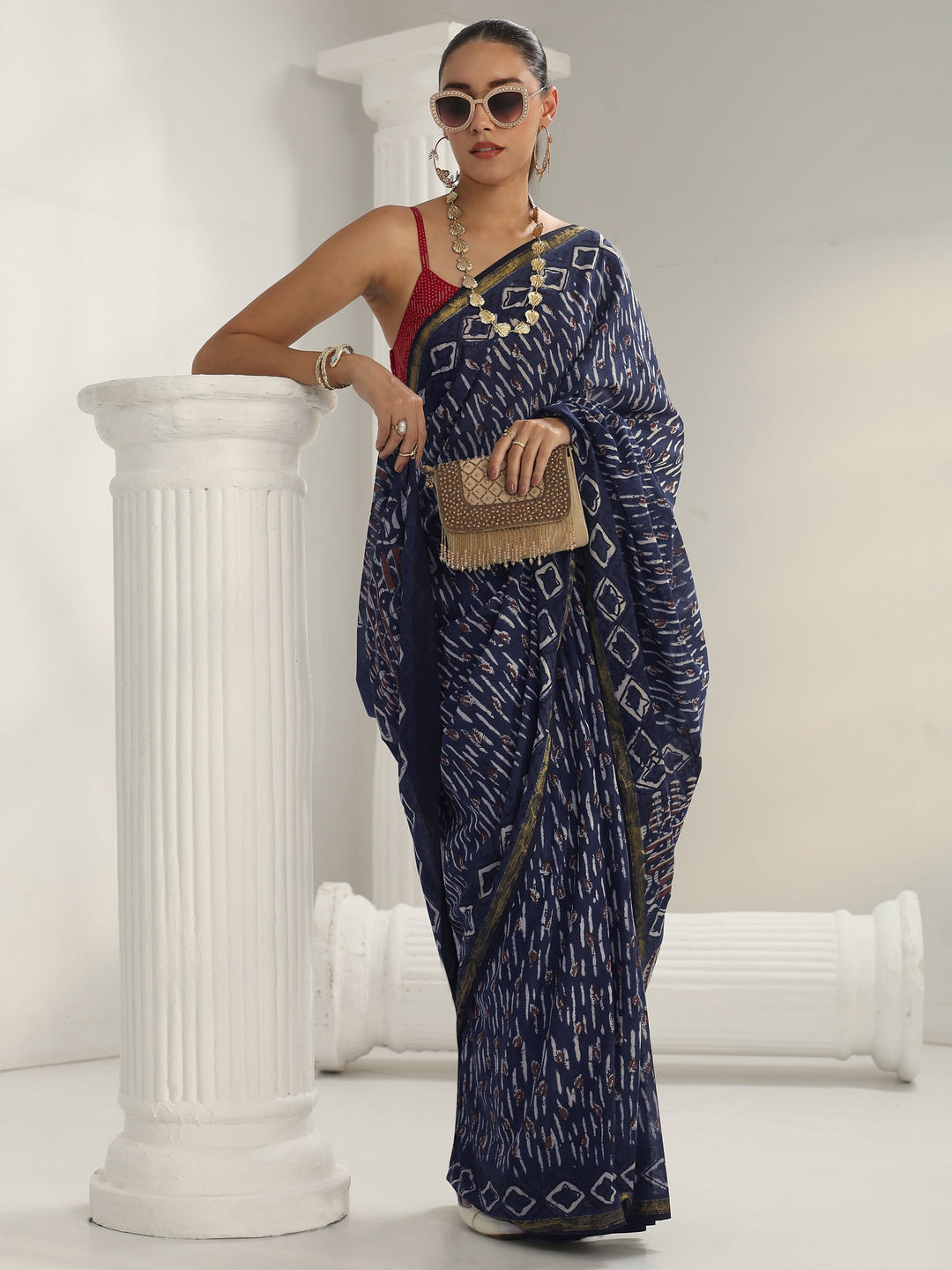 Indigo Dabu Print Cotton Saree