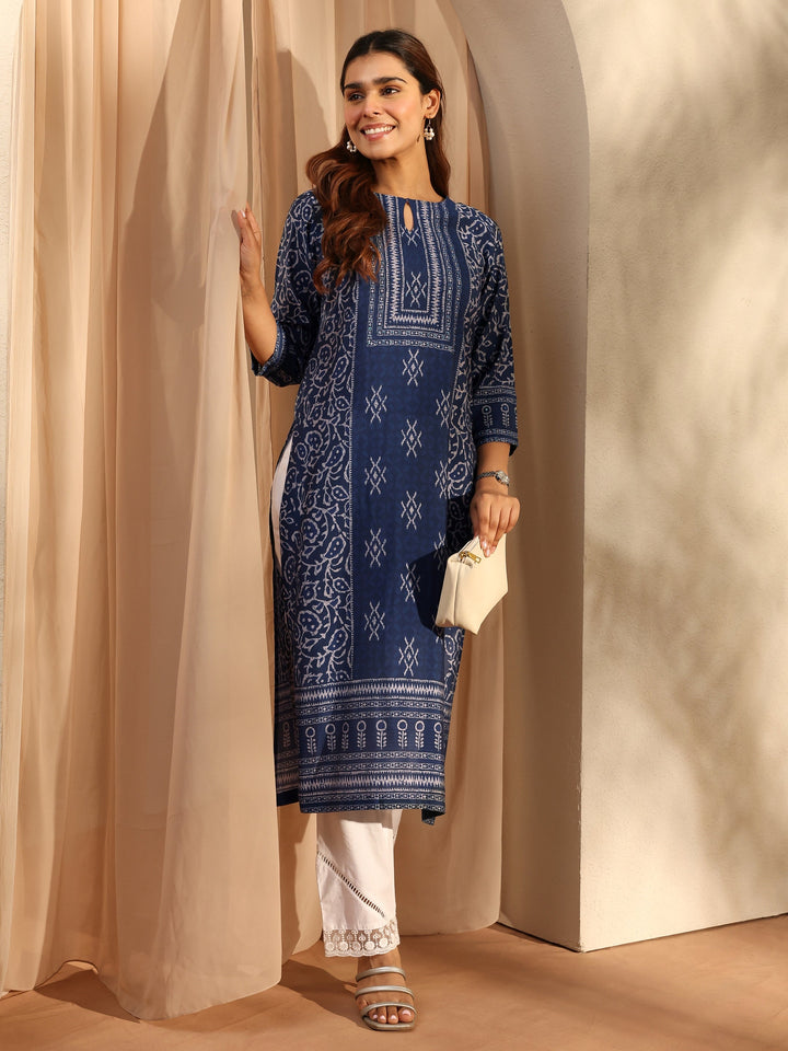 Indigo Ethnic Motif Printed Silk Blend Straight Kurta