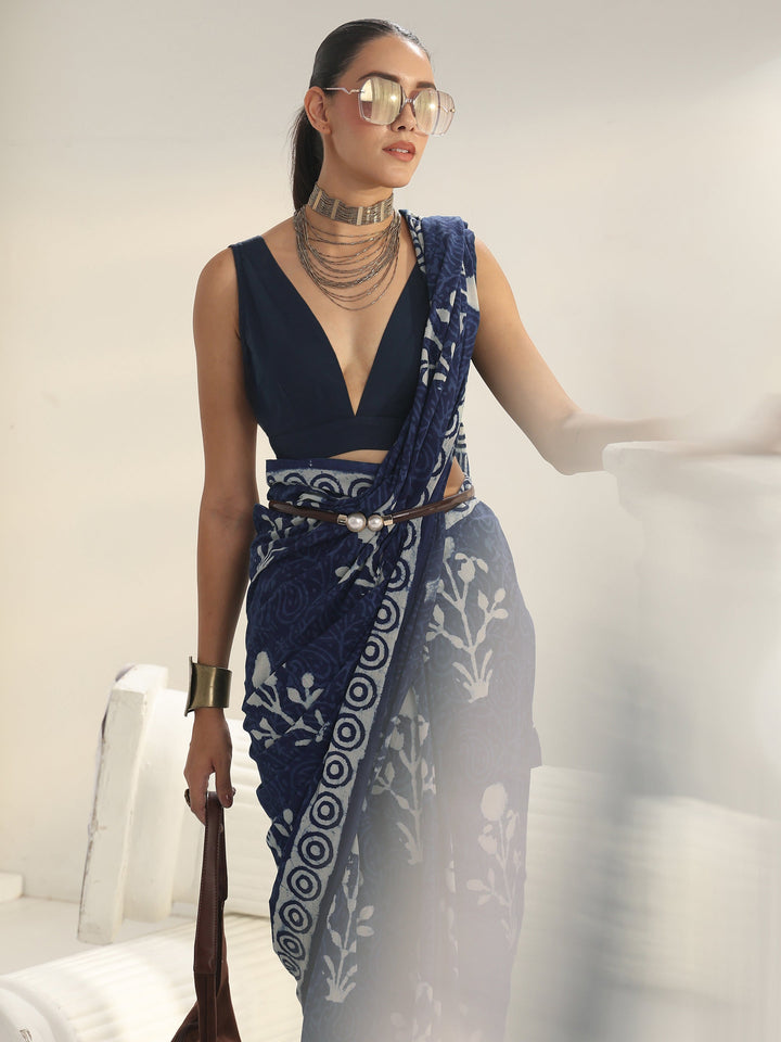 Indigo Floral Printed Cotton Saree