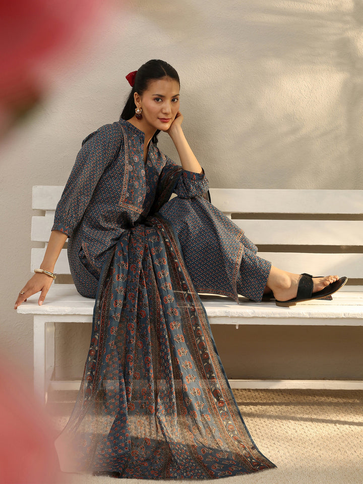 Indigo Floral Printed Cotton Straight Suit Set
