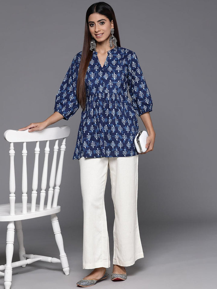 Indigo Printed Cotton A-Line Kurti - ShopLibas