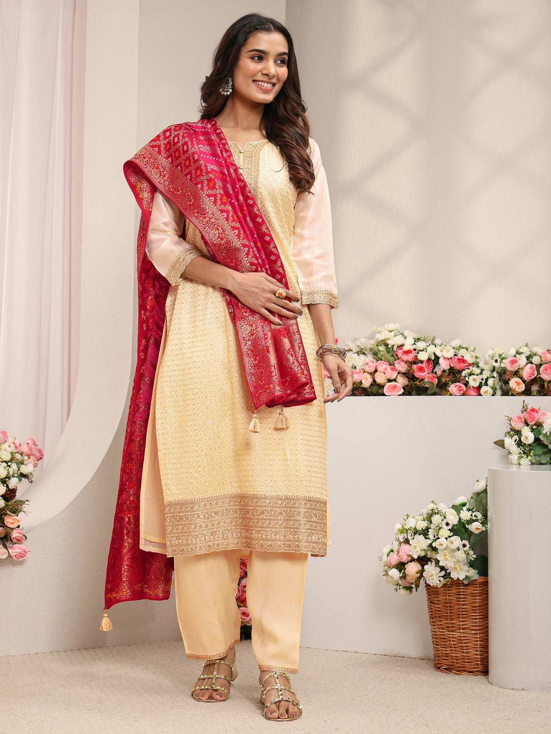 Ivory Embellished Silk Blend Straight Suit Set With Dupatta