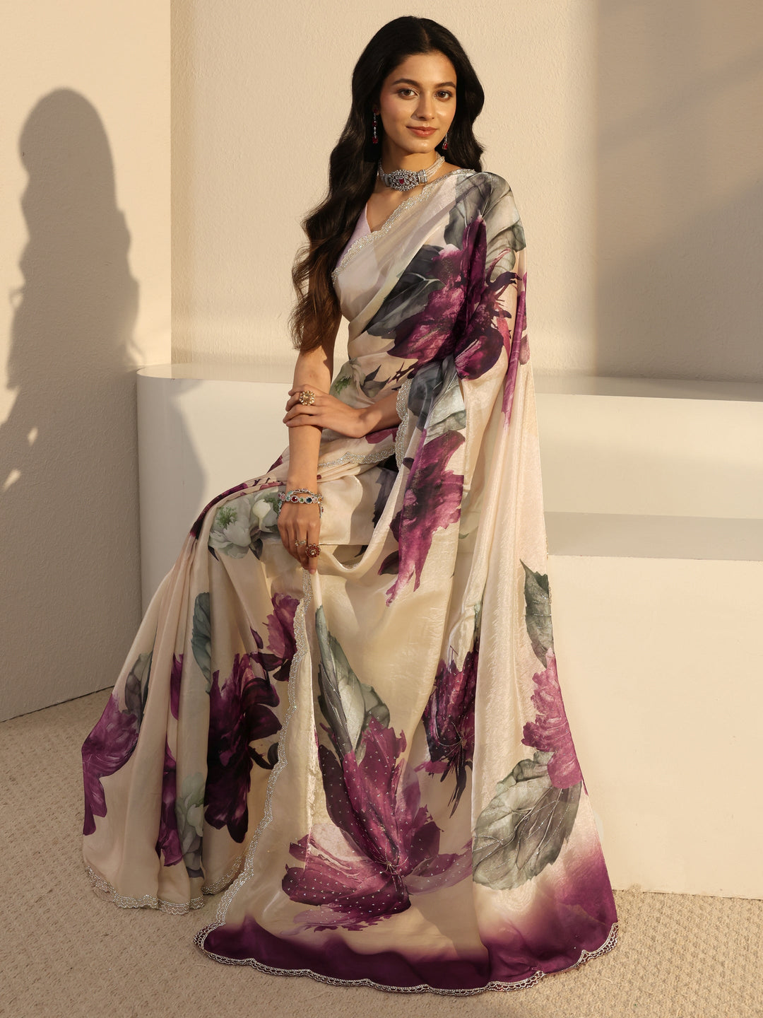 Libas Ivory Embellished Tissue Saree With Unstiched Blouse Piece
