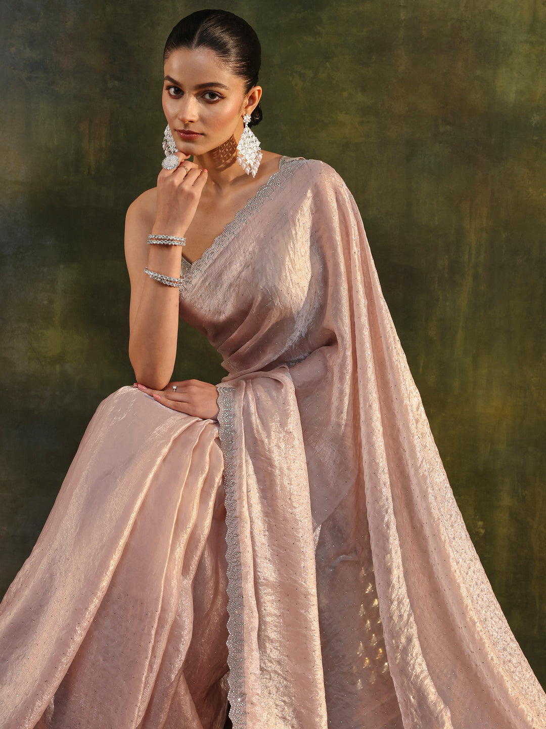 Ivory Embellished Tissue Saree With Unstitched Blouse Piece