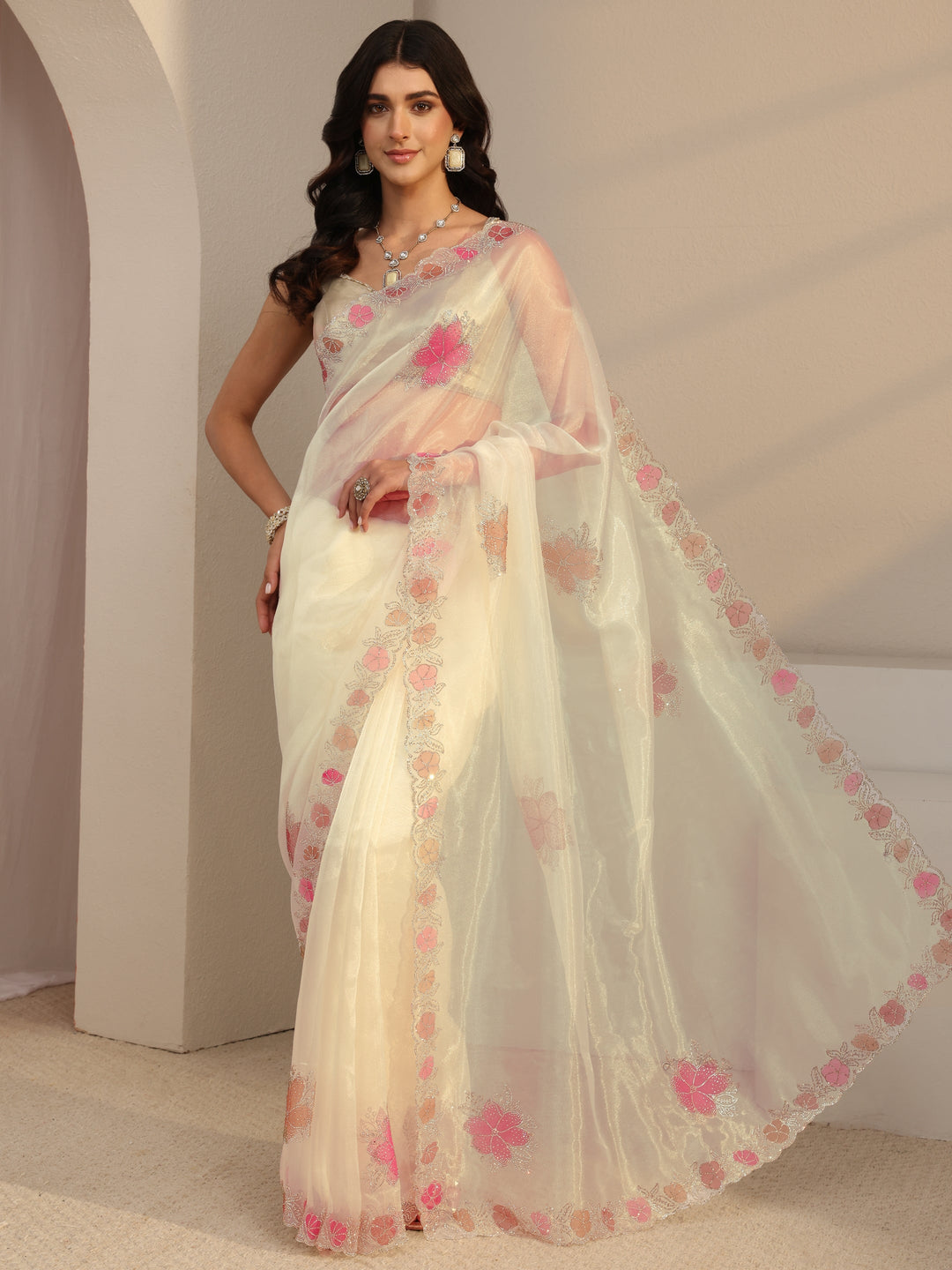 Libas Ivory Floral Embellished Organza Sareewith Unstitched Blouse Piece