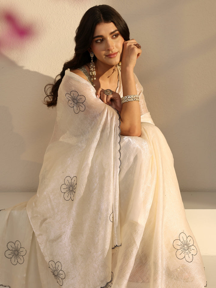 Ivory Floral Embellished Tissue Saree With Unstitched Blouse Piece