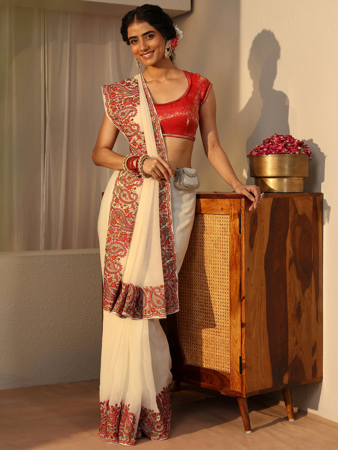 Ivory Floral Embroidered Border Georgette Saree