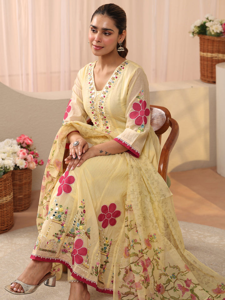 Ivory Floral Embroidered Silk Blend A-Line Suit Set
