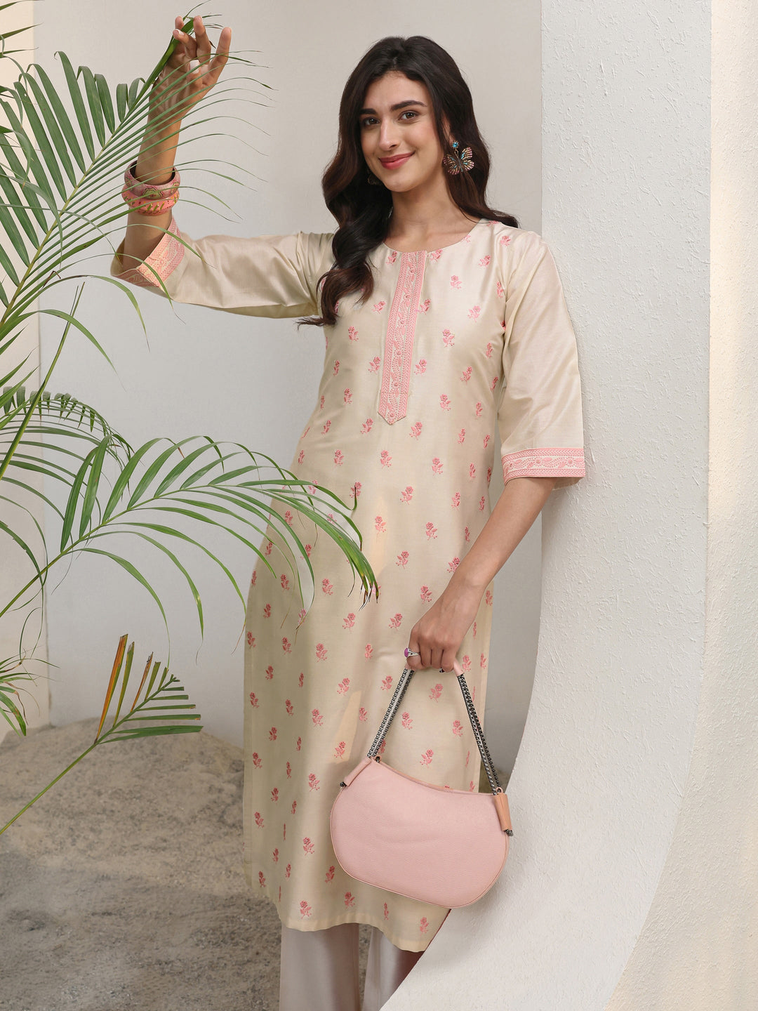 Ivory Floral Embroidered Silk Blend Straight Kurta Set