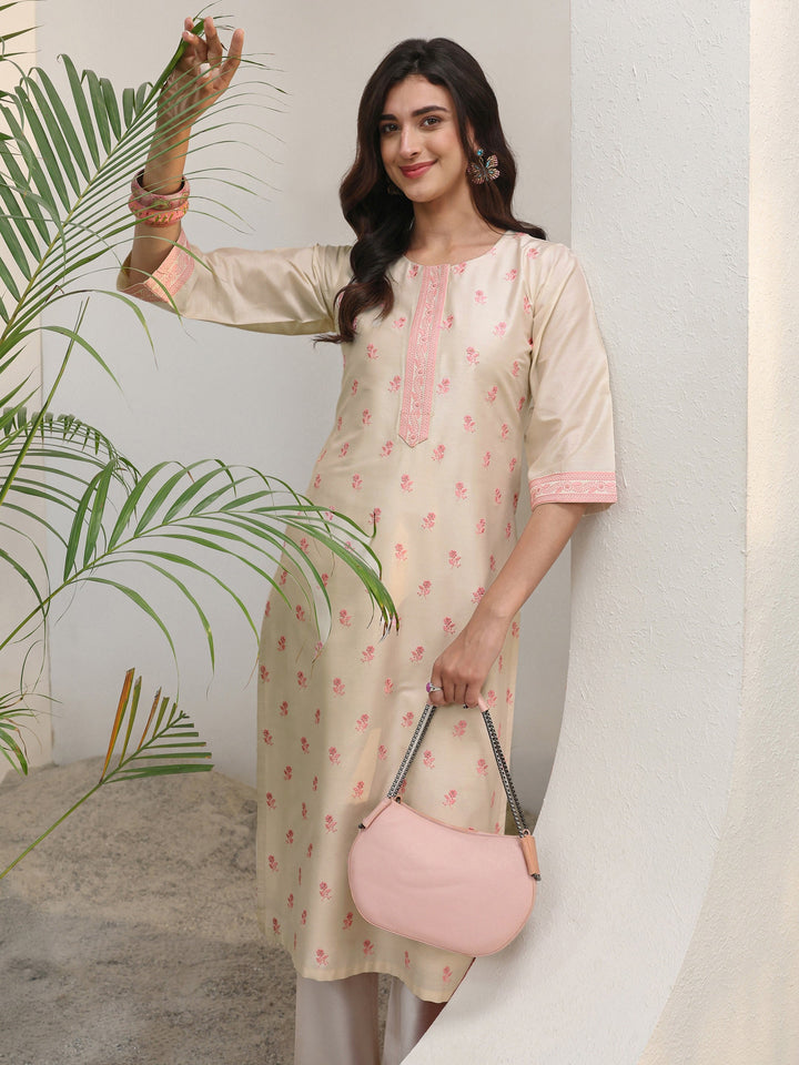 Ivory Floral Embroidered Silk Blend Straight Kurta Set