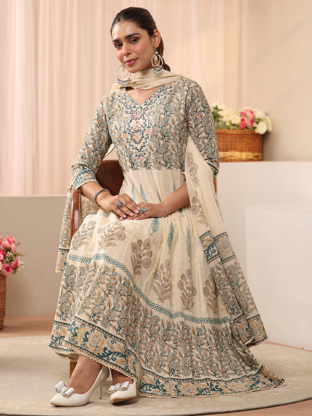 Ivory Floral Printed Cotton Straight Suit Set