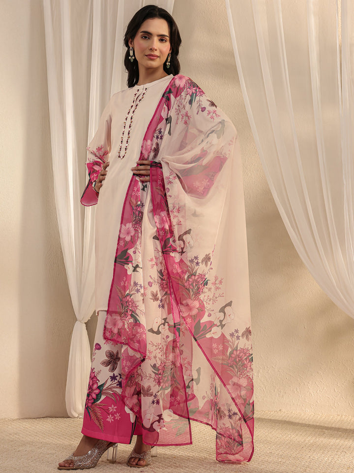 Ivory Floral Printed Silk Blend Straight Suit Set With Dupatta