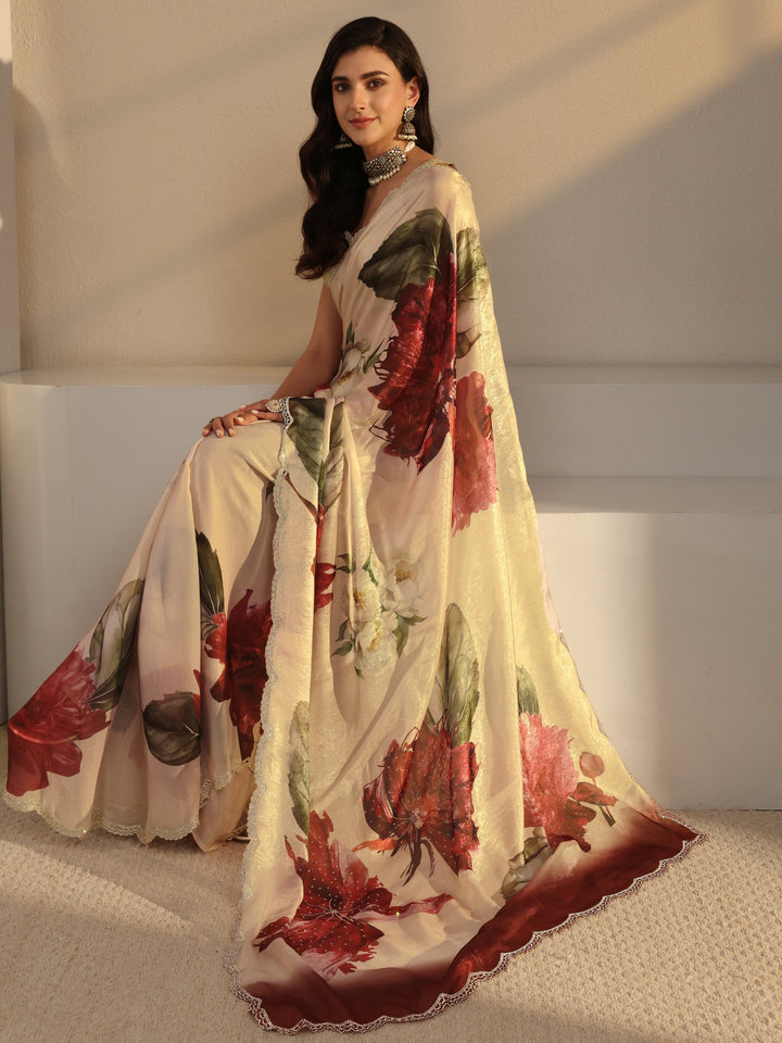 Libas Ivory Floral Printed Tissue Saree With Unstitched Blouse Piece