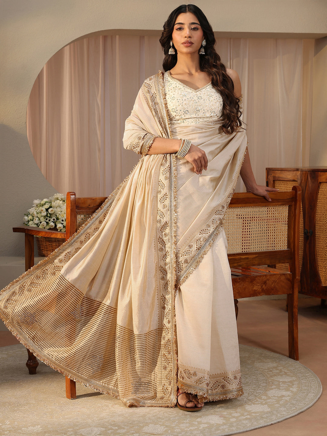 Ivory Solid Silk Blend Saree