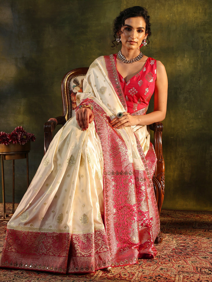 Libas Ivory Woven Design Satin Banarasi Saree With Unstitched Blouse Piece