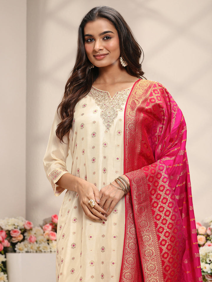 Ivory Woven Design Silk Blend Straight Suit Set With Dupatta