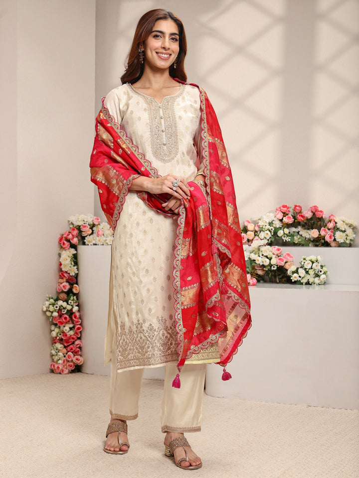 Ivory Woven Design Silk Blend Straight Suit Set With Dupatta