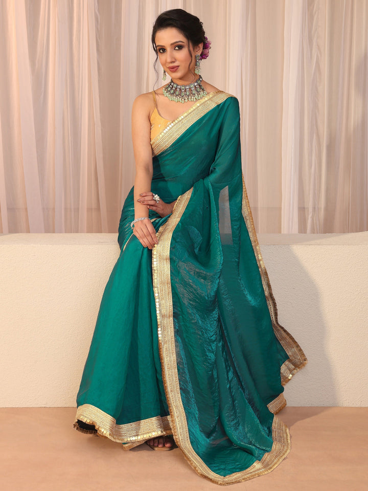 Kelly Green Tissue Saree With Embellished Border